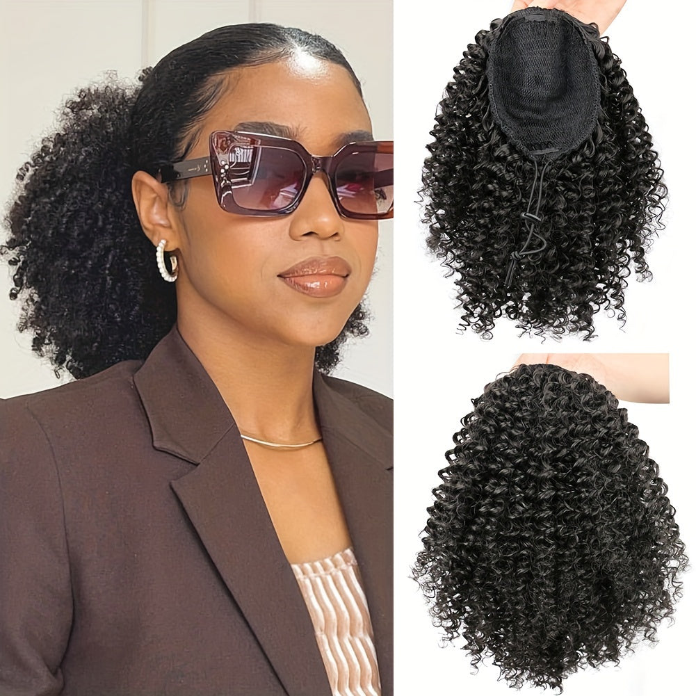 Mtmei Hair 25.4cm Short Afro Kinky Curly Drawstring Ponytail - Voluminous Synthetic Clip-In Hair Extension, High-Temperature Fiber, Easy Style for All Women, Ponytail Hair Extensions