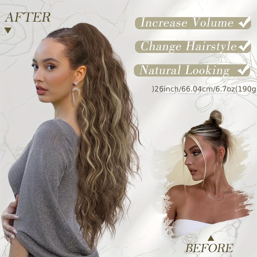 [Wavy Ponytail] 26" Long Heat-Resistant Synthetic Wavy Ponytail Extension for Women | Clip-In Design, Voluminous Curly Wave Style, Black Hairpiece, Secure Clipin Attachment