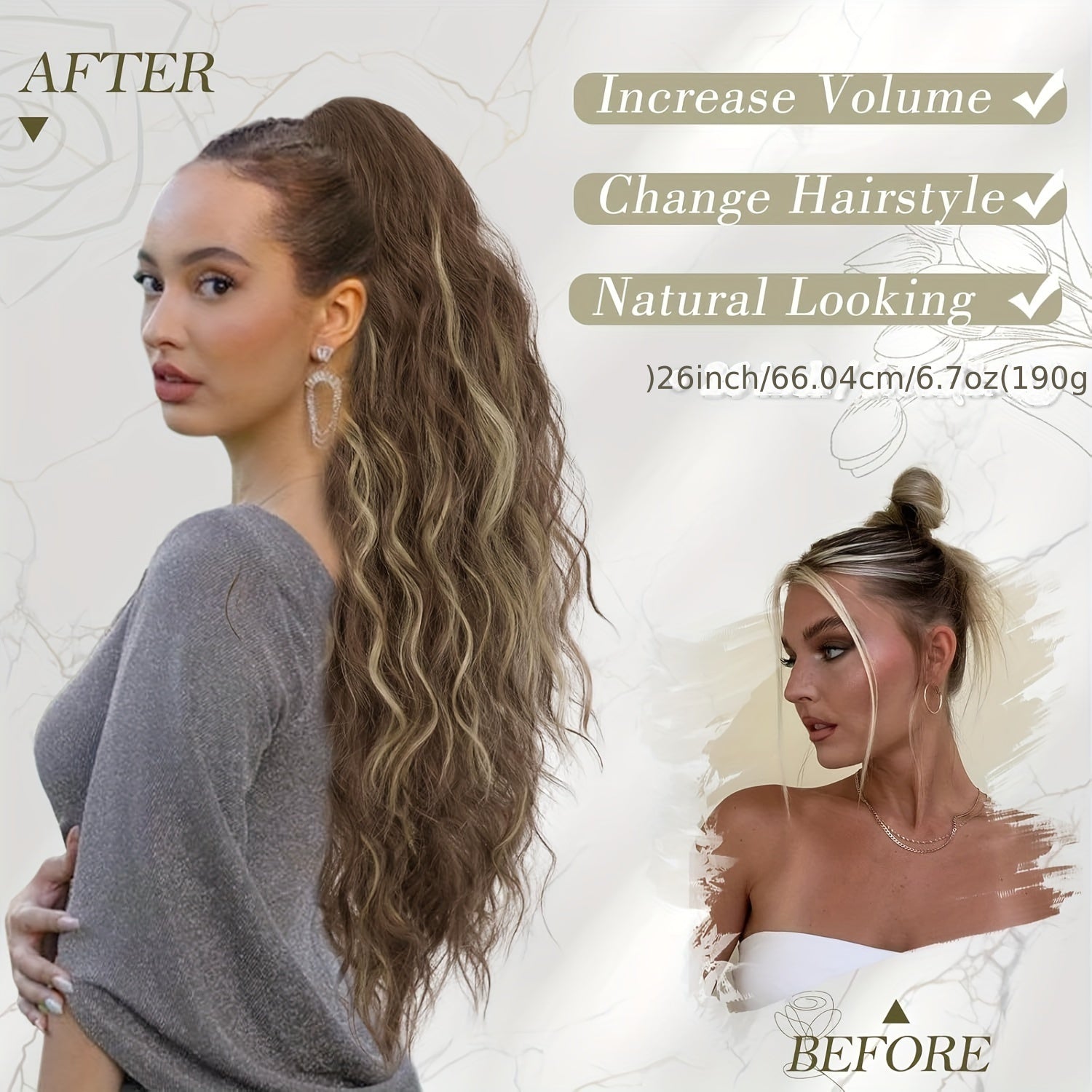 [Wavy Ponytail] 26" Long Heat-Resistant Synthetic Wavy Ponytail Extension for Women | Clip-In Design, Voluminous Curly Wave Style, Black Hairpiece, Secure Clipin Attachment