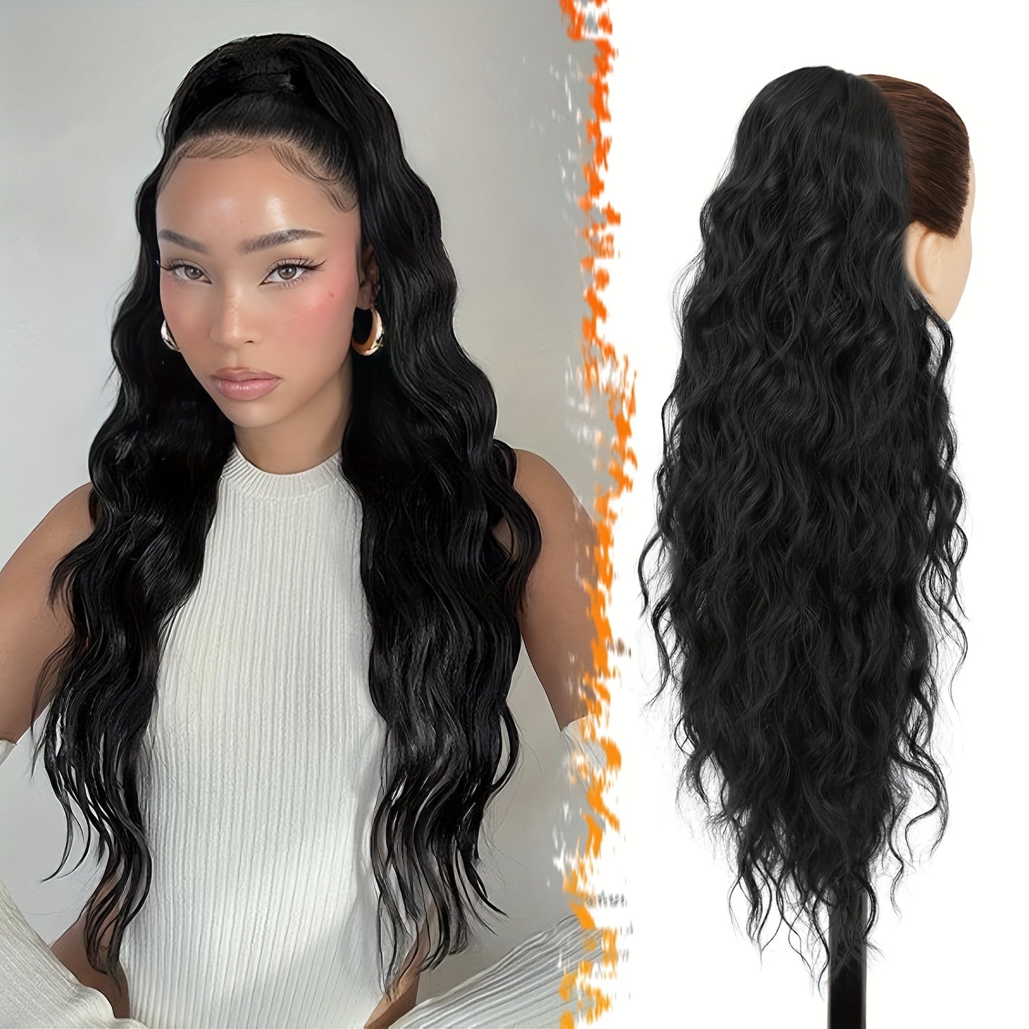[Wavy Ponytail] 26" Long Heat-Resistant Synthetic Wavy Ponytail Extension for Women | Clip-In Design, Voluminous Curly Wave Style, Black Hairpiece, Secure Clipin Attachment