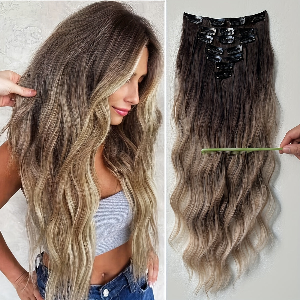 YUSULAXI 22 Inch Long Wavy Clip-In Synthetic Hair Extensions | Gradient Blonde to Brown | Versatile & Natural-Looking for All Genders and Ethnicities